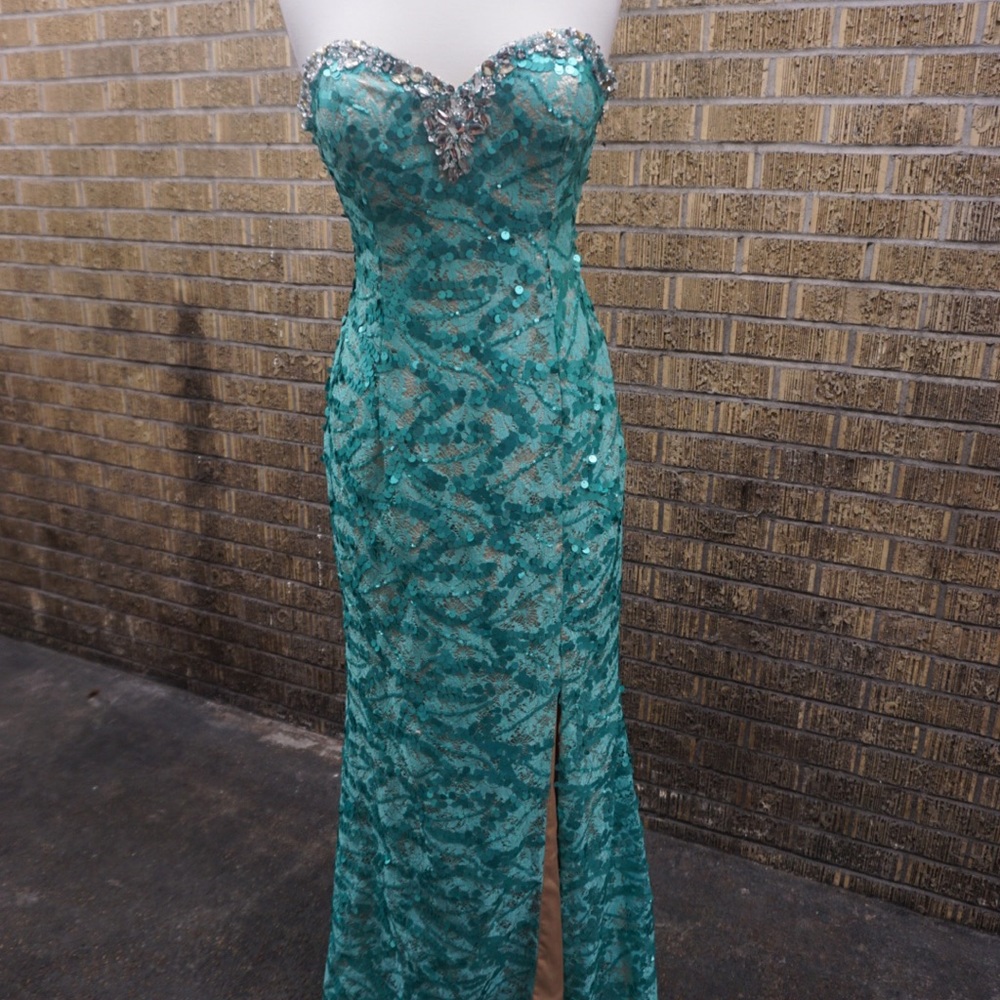 Strapless teal and gold gown